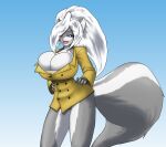  2010 anthro big_breasts big_tail biped bottomwear breasts business_suit chloe_sinclaire cleavage clothed clothing digital_media_(artwork) female fluffy fluffy_tail fur hair hands_on_hips hi_res huge_breasts looking_at_viewer mammal marauder6272 mephitid multicolored_body multicolored_fur no_pants panties panty_peek pinup pose simple_background skunk smile solo standing suit topwear two_tone_body underwear white_hair 