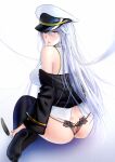  1girl absurdres ass azur_lane back bangs bare_shoulders black_jacket black_legwear black_panties blush breasts cl_(summer_sama) commission enterprise_(azur_lane) eyebrows_visible_through_hair feathers hair_between_eyes highres holding holding_feather jacket jacket_pull large_breasts long_hair looking_back no_shoes on_floor open_mouth panties pixiv_request purple_eyes shirt sideboob silver_hair sitting soles solo teasing thighhighs underwear white_background white_headwear white_shirt 