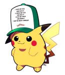  :3 artsy-rc baseball_cap death_grips full_body hat highres looking_at_viewer meme no_humans pikachu pokemon pokemon_(creature) simple_background smile solo white_background women_want_me_fish_fear_me 