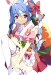 1girl absurdres animal_ear_fluff animal_ears apron bangs blue_hair bow braid carrot_hair_ornament closed_mouth commentary_request eyebrows_behind_hair feet_out_of_frame food-themed_hair_ornament frilled_apron frilled_legwear frills hair_between_eyes hair_bow hair_ornament hamada_pengin highres hololive japanese_clothes kimono knee_up multicolored_hair obi pink_kimono pleated_skirt puffy_short_sleeves puffy_sleeves rabbit_ears red_bow red_eyes red_skirt sash short_eyebrows short_sleeves skirt smile solo thick_eyebrows thighhighs twin_braids twintails two-tone_hair usada_pekora virtual_youtuber waist_apron white_apron white_bow white_hair white_legwear 
