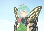  1girl antennae aqua_hair butterfly_wings closed_mouth dress drink drinking drinking_straw eternity_larva eyebrows_visible_through_hair fairy green_dress holding holding_drink kanpa_(campagne_9) leaf leaf_on_head multicolored_clothes multicolored_dress short_hair short_sleeves single_strap solo touhou upper_body wings yellow_eyes 