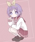  1girl black_footwear blue_eyes blush closed_mouth collarbone eyebrows_visible_through_hair full_body fuyune_(snow53902) hairband highres hiiragi_tsukasa long_sleeves looking_at_viewer lucky_star purple_hair school_uniform serafuku short_hair socks solo squatting white_legwear 