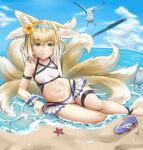  1girl animal_ear_fluff animal_ears arki_arasy arknights arm_behind_back bangs bare_shoulders beach blonde_hair blue_sky breasts closed_mouth collarbone eyebrows_visible_through_hair green_eyes hair_between_eyes hairband highres long_hair looking_at_viewer lying navel ocean on_side on_water sand sky small_breasts smile solo starfish suzuran_(arknights) swimsuit white_swimsuit 