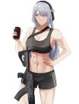  1girl abs ak-15 ak-15_(girls&#039;_frontline) assault_rifle bangs black_shorts black_sports_bra breasts can cleavage cola collarbone cyka drink eyebrows_visible_through_hair feet_out_of_frame girls&#039;_frontline gun hair_between_eyes hand_on_hip headphones headset highres holding holding_drink holding_jar jar kalashnikov_rifle long_hair looking_away medium_breasts muscular muscular_female open_mouth purple_eyes rifle shorts silver_hair soda soda_can solo sports_bra sportswear standing sweat target teeth weapon white_background 