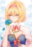  1girl alice_margatroid bangs blonde_hair blue_background blue_dress blue_eyes blue_flower blue_rose blush bow bowtie breasts capelet closed_mouth dress eyebrows_visible_through_hair floral_background flower hair_between_eyes hairband hands_up highres looking_to_the_side medium_breasts petals red_bow red_bowtie red_hairband rose short_hair solo teeth touhou touhouproject16 white_background white_capelet 
