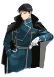  1boy aiguillette amestris_military_uniform black_coat black_eyes black_hair blue_jacket blue_pants buttons closed_mouth clothes_writing coat coat_on_shoulders collared_jacket cropped_legs double-breasted elbow_rest facing_viewer fullmetal_alchemist gloves gloves_removed half-closed_eyes hand_in_pocket high_collar highres holding holding_clothes holding_gloves jacket looking_afar magic_circle male_focus military military_jacket military_uniform open_clothes open_coat pants roy_mustang serious shadow simple_background spiked_hair standing tsurime uniform urikurage white_background white_gloves 