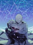  2boys bald cape chin_mario cyborg genos highres male_focus multiple_boys night night_sky one-punch_man outdoors saitama_(one-punch_man) sky smile star_(sky) starry_sky 