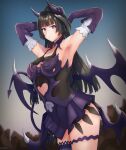  1girl absurdres armpits artist_name bangs black_hair breasts cleavage closed_mouth cozie178 demon_horns demon_wings dress elbow_gloves eyebrows_visible_through_hair feet_out_of_frame gloves highres honkai_(series) honkai_impact_3rd horns long_hair looking_at_viewer medium_breasts purple_dress purple_eyes purple_gloves raiden_mei simple_background smile solo standing wings 