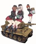  3girls black_shirt blue_eyes bottle brown_eyes brown_hair commentary_request garrison_cap girls_und_panzer ground_vehicle hat itsumi_erika kuromorimine_military_uniform medium_hair military military_vehicle motor_vehicle multiple_girls nishizumi_maho nishizumi_miho oversized_object pleated_skirt red_skirt shirt short_hair silver_hair skirt sleeves_rolled_up tank third-party_source tiger_i yamashita_shun&#039;ya 