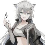  1girl absurdres animal_ears arknights bangs black_jacket blue_eyes breasts chihuri collarbone elbow_gloves eyebrows_visible_through_hair fingerless_gloves gloves grey_gloves grey_hair hair_between_eyes hair_ornament hairclip hand_up highres jacket lappland_(arknights) long_hair medium_breasts navel open_clothes open_jacket scar scar_across_eye simple_background solo strapless upper_body very_long_hair white_background 