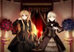  2girls artoria_pendragon_(fate) bangs black_dress black_flower black_nails black_ribbon blonde_hair blush breasts brown_eyes candle chain cleavage_cutout closed_mouth clothing_cutout commentary corset cowboy_shot curtains dress earrings ereshkigal_(fate) eyebrows_visible_through_hair fate/grand_order fate_(series) fingernails flower frilled_dress frills fur_trim gothic_lolita hair_ribbon hand_up highres hoop_earrings indoors jewelry kuroaki lolita_fashion long_hair long_sleeves looking_at_viewer medium_hair multiple_girls nail_polish parted_bangs parted_lips red_flower red_ribbon ribbon saber_alter sidelocks skull small_breasts standing tiara tied_hair vase very_long_hair wide_sleeves yellow_eyes 