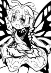  1girl antennae blush butterfly_wings dress eternity_larva eyebrows_visible_through_hair fairy greyscale hair_between_eyes leaf leaf_on_head monochrome multicolored_clothes multicolored_dress open_mouth ryuu_(multitask) short_hair simple_background single_strap smile solo touhou white_background wings 