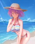  1girl absurdres bangs bare_shoulders beach bikini blue_sky blush breasts closed_mouth collarbone cozie178 eyebrows_visible_through_hair fate/grand_order fate_(series) feet_out_of_frame finger_to_mouth hair_between_eyes hat highres leaning_forward looking_at_viewer mash_kyrielight medium_breasts medium_hair multicolored_bikini multicolored_clothes multicolored_swimsuit ocean one_eye_closed purple_eyes purple_hair sand sky smile solo standing sun_hat swimsuit thighs 