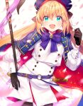 1girl absurdres artoria_pendragon_(caster)_(fate) artoria_pendragon_(fate) bangs black_gloves blonde_hair breasts canarinu coat eyebrows_behind_hair eyebrows_visible_through_hair fate/grand_order fate_(series) gloves green_eyes hair_ribbon hat highres holding holding_staff long_hair looking_at_viewer open_mouth petals ribbon smile solo staff twintails 