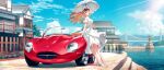  1girl bangs beach blew_andwhite blonde_hair blue_eyes blue_sky blush braid bridge building car casual commentary_request crown day dress flower ground_vehicle highres holding holding_umbrella kantai_collection long_hair looking_at_viewer motor_vehicle outdoors red_flower red_rose rose short_sleeves sky smile solo standing sunlight umbrella warspite_(kancolle) water white_dress 