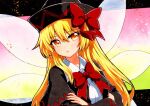  1girl black_clothes blonde_hair fairy_wings lily_black lily_white long_hair qqqrinkappp red_ribbon ribbon solo touhou traditional_media wings yellow_eyes 