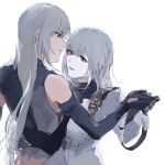  2girls ak-15_(girls&#039;_frontline) arcadia25 back bangs breasts closed_mouth dancing elbow_gloves eyebrows_visible_through_hair feet_out_of_frame fingerless_gloves girls&#039;_frontline gloves hair_between_eyes highres holding_hands hug hug_from_behind long_hair looking_at_another medium_breasts medium_hair multiple_girls open_mouth purple_eyes rpk-16_(girls&#039;_frontline) silver_hair standing tactical_clothes upper_body white_background 