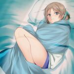  1girl absurdres bed_sheet blanket blue_eyes blue_shorts from_above frown grey_hair hair_tie highres legs_folded looking_at_viewer love_live! love_live!_sunshine!! lying medium_hair nanotsuki on_bed pillow ponytail shirt short_shorts shorts under_covers watanabe_you white_shirt 
