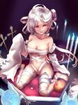  1girl azur_lane bandages blue_fire bolt breasts candle cleavage detached_sleeves fire full_body halloween looking_at_viewer medium_breasts medium_hair naked_bandage red_eyes screw_in_head solo terror_(azur_lane) terror_(halloween_terror)_(azur_lane) very_long_sleeves white_hair ymmt159208 