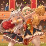  4girls 6+boys :d animal_ears annelie_(dragalia_lost) bangs bare_shoulders black_skirt blonde_hair blue_eyes bow cheerleader commentary commission confetti crop_top day dragalia_lost english_commentary eyebrows_visible_through_hair frilled_skirt frills hair_between_eyes hentaki highres holding horns long_hair midriff multiple_boys multiple_girls noelle_(dragalia_lost) notice_lines orange_bow outdoors outstretched_arm pom_pom_(cheerleading) red_bow shirt silver_hair skirt sleeveless sleeveless_shirt smile strapless thighhighs twintails very_long_hair watermark white_legwear white_shirt 