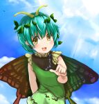  1860_(ichi) 1girl antennae aqua_hair blush butterfly_wings day dress eternity_larva eyebrows_visible_through_hair fairy green_dress hair_between_eyes leaf leaf_on_head looking_at_viewer multicolored_clothes multicolored_dress open_mouth short_hair single_strap smile solo touhou upper_body wings yellow_eyes 