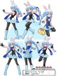  1girl :q animal_ear_fluff animal_ears bag bangs black_gloves black_legwear black_shirt blue_dress blue_footwear blue_hair blue_scarf blue_skirt boots bow braid commentary_request cosplay dawn_(pokemon) dawn_(pokemon)_(cosplay) dress eyebrows_visible_through_hair full_body gloves gotou_(nekocat) hair_bow highres holding holding_poke_ball hololive knee_boots long_sleeves multiple_views one_knee pantyhose poke_ball poke_ball_hair_ornament pokemon pokemon_(game) pokemon_dppt rabbit_ears rabbit_tail scarf shirt short_eyebrows skirt sleeveless sleeveless_shirt standing standing_on_one_leg tail thick_eyebrows tongue tongue_out translation_request twin_braids twintails usada_pekora virtual_youtuber white_bow white_hair 