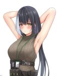  1girl absurdres ammunition_belt armpits arms_behind_head artist_name bangs black_hair blush breasts brown_sweater_vest closed_mouth cozie178 eyebrows_visible_through_hair girls&#039;_frontline heterochromia highres id_card long_hair looking_at_viewer medium_breasts multicolored_hair orange_eyes ro635_(girls&#039;_frontline) solo sweater_vest two-tone_hair upper_body uwu white_background white_hair yellow_eyes 