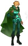  1boy armpits bandages bangs belt boots cape cigarette closed_mouth fate/extella fate/extella_link fate/extra fate_(series) full_body gloves green_cape green_eyes green_footwear green_gloves green_pants highres jewelry looking_at_viewer necklace official_art orange_hair pants robin_hood_(fate) smoke solo wada_arco 