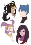  2boys 2girls ;d bangs black_hair blue_eyes blue_hair blunt_bangs closed_mouth collarbone commentary_request dahlia_(pokemon) eyelashes flipped_hair jaho long_hair lucy_(pokemon) multicolored_hair multiple_boys multiple_girls one_eye_closed open_mouth parted_bangs parted_lips pokemon pokemon_(game) pokemon_dppt pokemon_emerald pokemon_platinum pokemon_rse purple_eyes purple_hair purple_shirt red_hair saturn_(pokemon) shirt simple_background sleeveless sleeveless_shirt smile sparkle streaked_hair teeth tongue tucker_(pokemon) white_background 