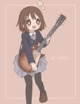  1girl black_legwear blush brown_eyes brown_footwear brown_hair copyright_name eyebrows_visible_through_hair fuyune_(snow53902) grey_skirt guitar hair_ornament hairclip highres hirasawa_yui holding holding_instrument instrument k-on! loafers long_sleeves looking_at_viewer open_mouth pantyhose pleated_skirt school_uniform shoes short_hair skirt smile solo teeth upper_teeth 