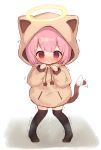  1girl :o absurdres animal_ears animal_hood bangs black_legwear blush brown_hoodie cat_ears cat_hood cat_tail commentary_request drawstring eyebrows_visible_through_hair fake_animal_ears full_body halo hands_up have_to_pee highres hood hood_up hoodie konununui long_sleeves original parted_lips paw_pose pink_hair puffy_long_sleeves puffy_sleeves red_eyes sleeves_past_wrists solo standing sweat tail thighhighs trembling 