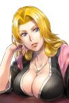  1girl arm_support azasuke black_kimono bleach blonde_hair blue_eyes breasts cleavage head_rest head_tilt huge_breasts japanese_clothes kimono looking_at_viewer matsumoto_rangiku mole mole_under_mouth parted_lips ring_necklace simple_background solo upper_body white_background 