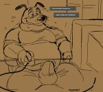  2021 anthro beagle belly big_belly big_bulge big_muscles blush bodily_fluids bottomwear brown_background bulge canid canine canis cartoon_network chair clothed clothing computer computer_mouse courage_the_cowardly_dog courage_the_cowardly_dog_(character) desk domestic_dog english_text erection erection_under_clothing eyebrows fur furniture hi_res hunting_dog inside loneliestbara looking_at_porn male mammal monitor monochrome musclegut muscular muscular_anthro muscular_male narrowed_eyes pants pornography scent_hound searching shirt signature simple_background sitting solo sweat sweatdrop tenting text topwear tuft 