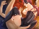  1girl amazon_position blush boots breasts brick_wall censored chain elbow_gloves femdom game_cg gloves hetero large_breasts mosaic_censoring open_mouth ponytail prison_cell red_hair sex sweat thigh_boots thighhighs 
