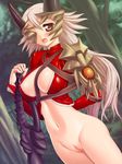 aldra_(queen's_blade) aokihoshi bad_vulva blush bottomless breasts cleavage_cutout eyepatch large_breasts long_hair midriff navel no_panties open_mouth pussy queen's_blade silver_hair solo yellow_eyes 