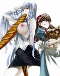  alicia_melchiott between_breasts bread breasts food huge_breasts long_hair multiple_girls nipples red_eyes selvaria_bles senjou_no_valkyria senjou_no_valkyria_1 silver_hair 