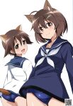  2girls ahoge animal_ears brave_witches brown_eyes brown_hair closed_mouth collarbone dog_ears eyebrows eyebrows_visible_through_hair hair_between_eyes hair_ornament hairclip highres karibuchi_hikari looking_at_viewer looking_back miyafuji_yoshika multiple_girls one-piece_swimsuit open_mouth sailor_collar sailor_shirt school_swimsuit school_uniform serafuku shiny shiny_skin shirt short_hair simple_background smile strike_witches swimsuit swimsuit_under_clothes tail tokiani white_background world_witches_series 