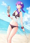  1girl bare_shoulders beach bikini blue_sky book branch breasts cameltoe closed_mouth cloud commission cowboy_shot dutch_angle expressionless eyebrows_visible_through_hair fire_emblem fire_emblem:_the_sacred_stones fire_emblem_heroes flower hair_flower hair_ornament holding holding_book kasu_(kasunohikari) looking_away looking_to_the_side lute_(fire_emblem) navel ocean official_alternate_costume open_book outdoors purple_eyes purple_hair sand see-through shore skeb_commission sky small_breasts solo swimsuit tied_hair twintails water waves 