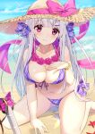  1girl animal_hair_ornament azur_lane beach bikini bird breasts cleavage cygnet_(azur_lane) cygnet_(sea_star_on_shore)_(azur_lane) eyebrows_visible_through_hair feet_out_of_frame flower_bracelet hand_on_own_chest hat highres large_breasts long_hair looking_at_viewer official_alternate_costume oppai_loli pink_eyes pink_ribbon plaid plaid_bikini plaid_ribbon purple_bikini ribbon seiza shinko_gunsei sitting solo starfish straw_hat swan swimsuit thighs very_long_hair water white_hair 
