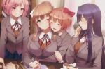  4girls :d bangs bow breasts brown_hair closed_eyes collared_shirt doki_doki_literature_club grin hair_bow hair_ornament hair_ribbon hairclip highres holding holding_pen hug large_breasts long_hair long_sleeves monika_(doki_doki_literature_club) multiple_girls natsuki_(doki_doki_literature_club) neck_ribbon one_eye_closed pen pink_hair pleated_skirt ponytail red_bow ribbon ryuu. sayori_(doki_doki_literature_club) shirt short_hair skirt smile table upper_body x_hair_ornament yuri_(doki_doki_literature_club) 