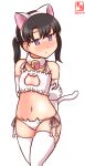  1girl alternate_costume artist_logo bell black_hair blush bra cat_cutout cat_ear_panties cat_lingerie cleavage_cutout clothing_cutout commentary_request cowboy_shot dated embarrassed flat_chest frilled_bra frills jingle_bell kanon_(kurogane_knights) kantai_collection lingerie looking_at_viewer meme_attire neck_bell nose_blush one-hour_drawing_challenge panties purple_eyes short_hair shounan_(kancolle) side-tie_panties simple_background solo thighhighs twintails underwear underwear_only white_background white_bra white_legwear white_panties 