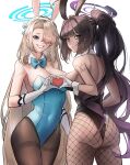  2girls absurdres animal_ears ass asuna_(blue_archive) bangs bare_arms bare_shoulders black_hair blue_archive blue_bow blue_bowtie blue_eyes blue_leotard bow bowtie breasts brown_legwear cleavage commentary covered_navel cowboy_shot dark_skin detached_collar eyebrows_visible_through_hair fake_animal_ears fake_tail fishnet_legwear fishnets from_behind gloves grey_hair grin hair_over_one_eye hairband halo heart heart_hands heart_hands_duo highres karin_(blue_archive) large_breasts leotard long_hair looking_at_viewer looking_back mole mole_on_breast multiple_girls pantyhose playboy_bunny rabbit_ears rabbit_tail shoulder_tattoo simple_background smile standing strapless strapless_leotard tail tattoo thighband_pantyhose thighs uth_95 very_long_hair white_background white_gloves white_hairband yellow_eyes 