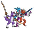  6:5 absurd_res alpha_channel bandai_namco blue_body digimon digimon_(species) digimon_world digimon_world_4 dorumon finalsorariku fur guilmon hi_res melee_weapon multicolored_body purple_body purple_fur red_body red_eyes sword two_tone_body veemon weapon white_body white_fur x-digimon yellow_eyes 