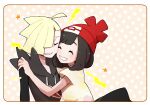  1boy 1girl ahoge bangs beanie black_hoodie blonde_hair blush border closed_eyes commentary_request eyelashes gladion_(pokemon) grin hair_over_one_eye happy hat hood hood_down hoodie miu_(miuuu_721) parted_lips pokemon pokemon_(game) pokemon_sm red_headwear selene_(pokemon) shirt short_hair short_sleeves smile star_(symbol) t-shirt teeth white_border 