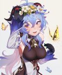 ahoge arm_up armpits bangs bare_shoulders bell black_gloves blue_flower blue_hair blush breasts bug butterfly detached_sleeves eyebrows_visible_through_hair flower flower_knot ganyu_(genshin_impact) genshin_impact glaze_lily gloves gold_trim hair_flower hair_ornament highres horns lavelis long_hair looking_at_another medium_breasts multicolored_eyes neck_bell qingxin_flower sideboob sidelocks smile solo sweet_flower upper_body white_background white_flower white_sleeves 
