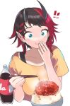  ! !! 1girl :t alternate_costume bangs black_hair black_tank_top blue_eyes blush bottle breasts chopsticks closed_mouth cola commentary_request demon_girl demon_horns eating highres holding holding_chopsticks horns ikura_(food) large_breasts looking_down multicolored_hair pointy_ears red_hair rice ryugasaki_rene shirt short_hair simple_background solo sugar_lyric tank_top two-tone_hair upper_body virtual_youtuber white_background yellow_shirt zono_(inokura_syuzo029) 