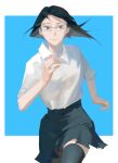  1girl black_hair black_legwear black_skirt blue_eyes bn3ppo buttons closed_mouth collared_shirt commentary glasses haikyuu!! highres looking_at_viewer mole mole_under_mouth running school_uniform shimizu_kiyoko shirt skirt sleeves_rolled_up smile solo thighhighs white_shirt 