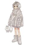  1girl :t absurdres ahoge animal_bag animal_print bag bunny_bag bunny_earmuffs bunny_print earmuffs grey_footwear grey_hair grey_jacket grey_scarf hair_ornament highres holding holding_bag jacket long_sleeves maple_(abc2215) original pout scarf short_hair simple_background sleeves_past_fingers sleeves_past_wrists solo symbol-only_commentary white_background x_hair_ornament 