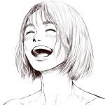  1girl :d blush bob_cut completely_nude greyscale laughing medium_hair monochrome nude open_mouth original portrait shu-mai simple_background smile solo white_background 