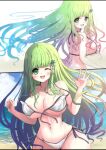  1girl absurdres beach breasts day frog_hair_ornament green_eyes green_hair hair_ornament hair_tubes highres kochiya_sanae large_breasts long_hair ocean outdoors simple_background snake_hair_ornament solo swimsuit tomo_(uguisu-tei) touhou undone_bra very_long_hair white_background 